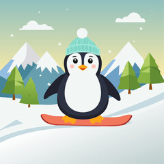 Obraz premium Cute penguin sliding down the mountain on a snowboard vector illustration. Adorable character doing winter sport outdoors. Winter postcard and background for postcards.