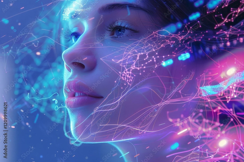 Poster woman with glowing lines and particles representing digital data, symbolizing the integration of hum
