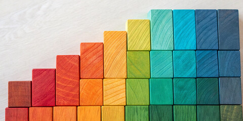 Colorful Wooden Blocks Forming a Vibrant Gradient Spectrum for Creative Play and Learning