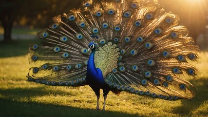 Obraz premium A vibrant peacock displaying its colorful feathers in a sunlit park.