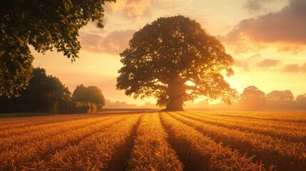Fototapeta premium Sunrise Oak Tree Field Landscape Golden Hour