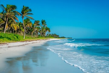 Breathtaking tropical beach with golden sand and waving palms under a clear blue sky