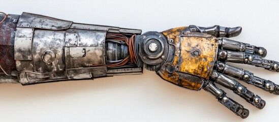 Robotic arm, metallic, grunge, studio, white background, future tech