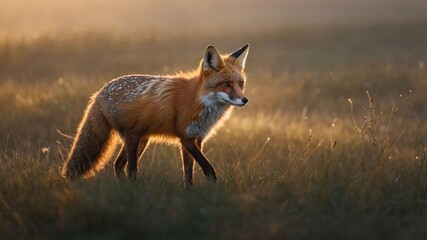 A red fox walks gracefully through a sunlit meadow, showcasing its vibrant fur and natural habitat.