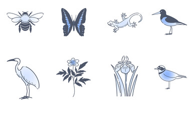 春の植物と生き物のシンプルアイコン 