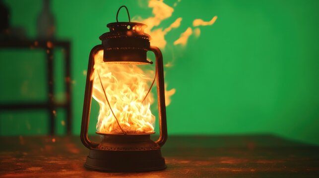 Vintage oil lamp burning intensely with bright flames on a wooden table with green backdrop - Powered by Adobe