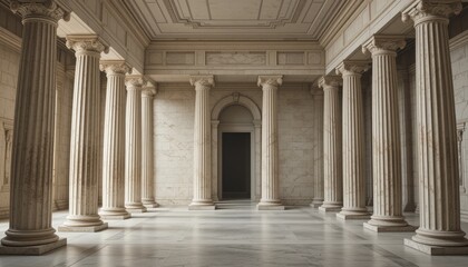 Grand Marble Hallway with Classical Columns: Architecture, Interior Design, Ancient Greece, Luxury, Power, History.