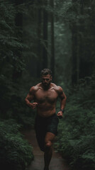 Shirtless man running through dense forest | Intense workout amidst lush greenery and mist | Focused fitness in a serene natural environment | Healthy outdoor lifestyle.