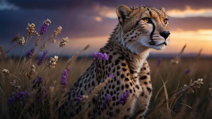 Fototapeta premium A cheetah gazes thoughtfully amidst vibrant flowers at sunset.