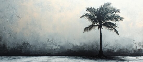 Lone palm, misty beach, monochrome art, website banner