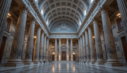 Grand Classical Hallway Interior: Marble Columns, Archway Ceiling, Neoclassical Architecture, Historical Building, Greece, Rome, Elegant, Majestic