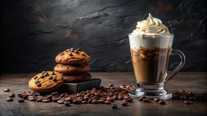 Aromatic Coffee Drink with Whipped Cream and Chocolate Chip Cookies