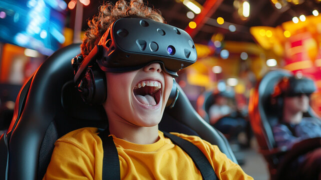 Exciting vr gaming experience for kids arcade center digital entertainment indoor fun playful vibe ai generate adventure