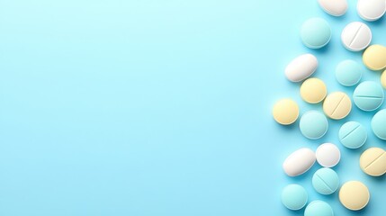 Colorful Pills and Tablets on Blue Background for Health Concept