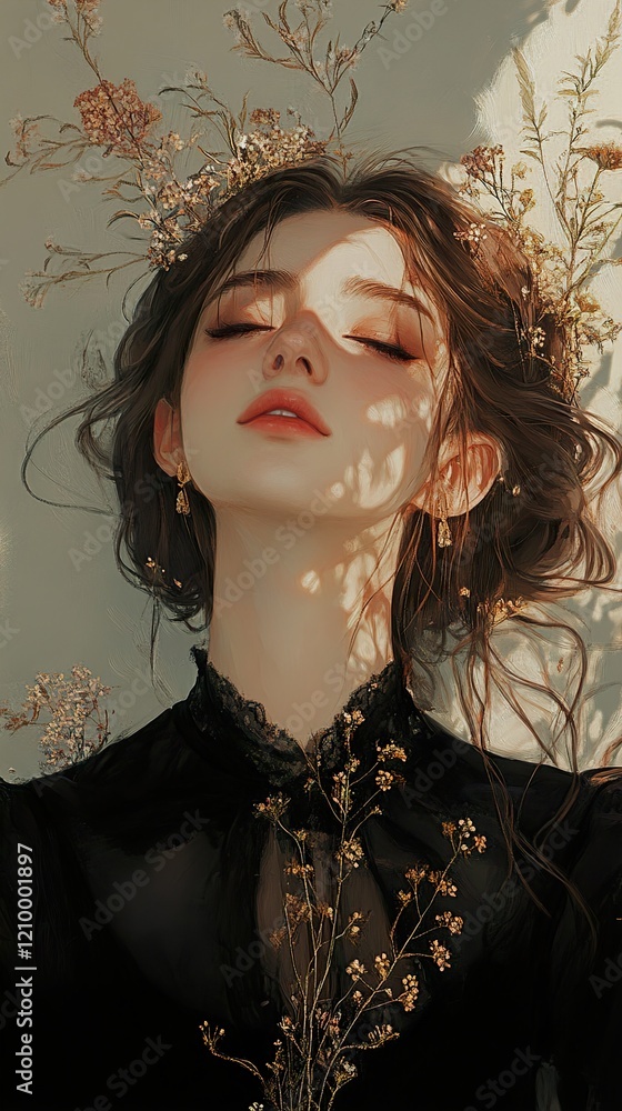 Canvas Prints Dreamy Woman Portrait: Sunlight, Flowers, and Elegance