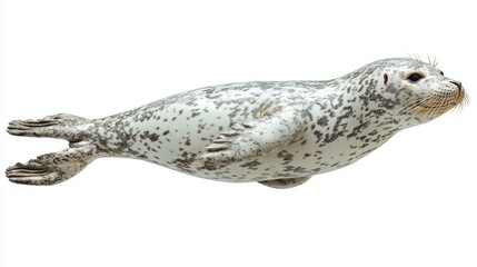 Swimming Seal with Spotted Fur Against White Background
