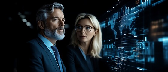 Businesspeople analyzing global data on screen.