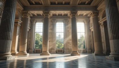 Naklejka premium Sunlit Classical Hallway: Marble Columns, Large Windows, Sunlight, Architecture, Interior Design, Greco-Roman, Elegant, Luxury
