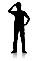 Silhouette of a Friendly Construction Worker Touching Helmet in Protective Gear. Vector Flat Style Illustration Isolated On White