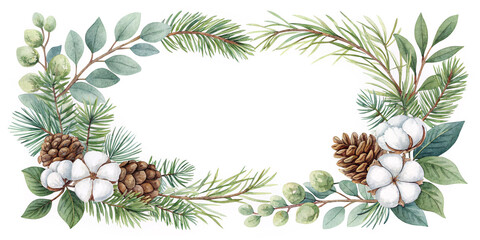 Fototapeta premium Elegant Watercolor Frame Featuring Fir Branches and Pine Cones for a Rustic Touch