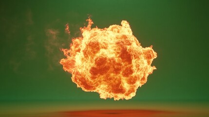 Explosion effect with bright orange flames against a dark green background with a blurred bottom