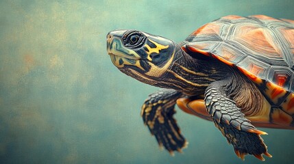 Colorful turtle portrait, studio shot, textured background, pet reptile