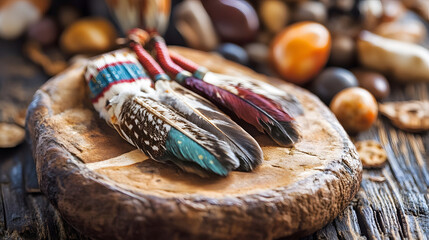 Artistic Native Feathers on Rustic Stone with Decorative Beads and Natural Stones : Generative AI