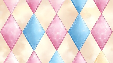 Pastel Harlequins: A charming watercolor pattern of pastel pink and blue harlequin diamonds on a creamy background. Perfect for adding a touch of whimsical elegance to any design.