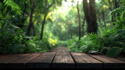 Lush Green Forest Landscape with Wooden Plank Foreground
