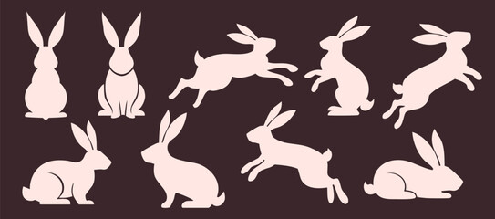 set of solid minimalistic flat rabbit silhouettes. Farm animal rabbit silhouette in different poses. Hare sitting, lying, running and jumping