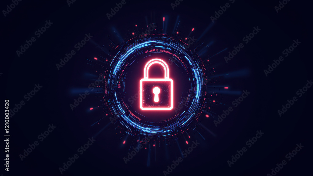 Poster ai-powered cybersecurity lock icon with blue digital background and circuit graphic elements.