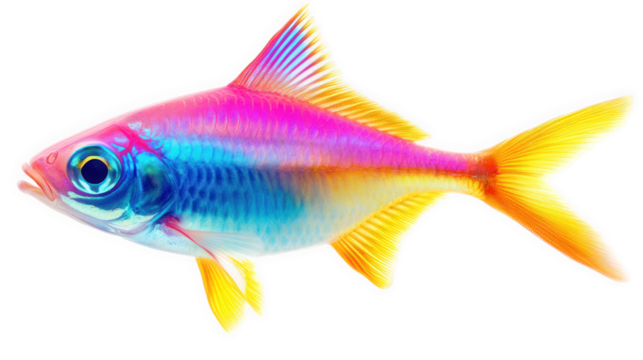 vibrant. colorful fish with a gradient of blue. pink. and yellow hues. showcasing its fins and scales against a white background the striking colors highlight the fish's beauty and appeal. making it s
