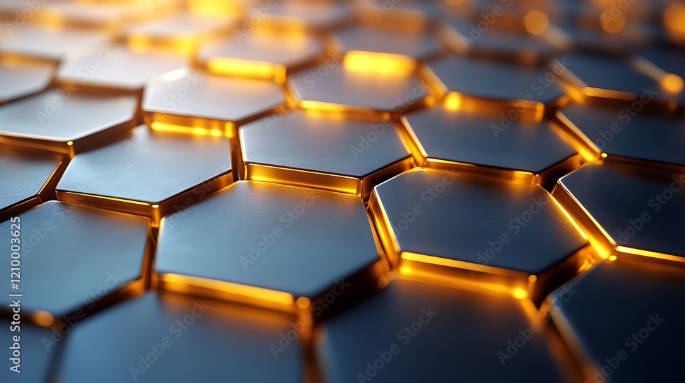 Poster hexagonal grid: abstract close-up of a sleek, metallic hexagonal grid with glowing golden edges, cre