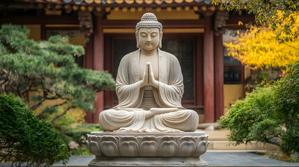 Serene Buddha Statue in Traditional Pose Surrounded by Lush Garden : Generative AI
