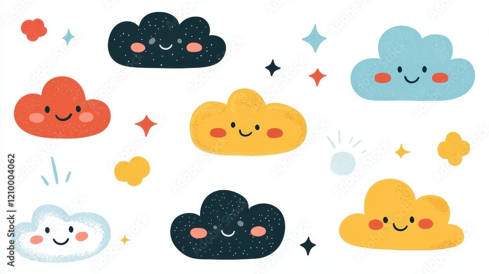 Poster cute and simple illustration of chubby and smiling cloud characters with playful expressions and col