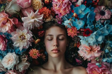 Freckled woman with closed eyes lies peacefully amidst a vibrant array of colorful flowers, creating a tranquil and dreamy scene