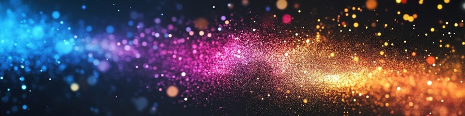 Vibrant abstract glittering particles in motion with blue, pink, and orange gradient