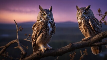 Obraz premium Two owls perched on a branch during twilight, showcasing their majestic features.