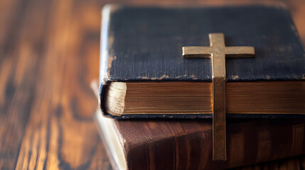 Stack of Antique Bibles with Brass Cross on Wooden Table : Generative AI
