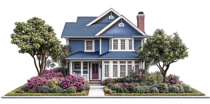 a charming blue house with a gabled roof. surrounded by lush greenery and vibrant flowering plants the well-maintained front yard features a pathway leading to the porch. showcasing a welcoming and pi