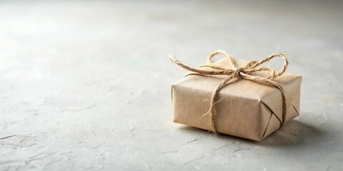 A small gift wrapped in rustic brown paper and tied with twine sits on a neutral surface