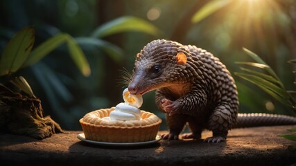 Obraz premium A pangolin curiously approaches a dessert tart with whipped cream in a lush setting.