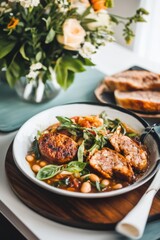 Fototapeta premium Braised white beans and sausage with herbs and tomatoes in a bowl