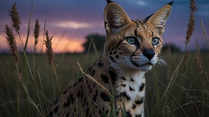 A serene serval gazes into the distance amidst tall grass at sunset.