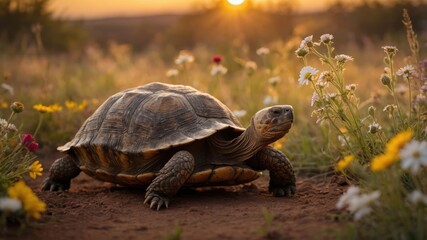 Fototapeta premium A tortoise walks through a field of colorful wildflowers at sunset.