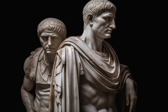 The treachery and betrayal of Brutus and the last moments of the life of Gaius Julius Caesar. Marble statue. History of Rome.