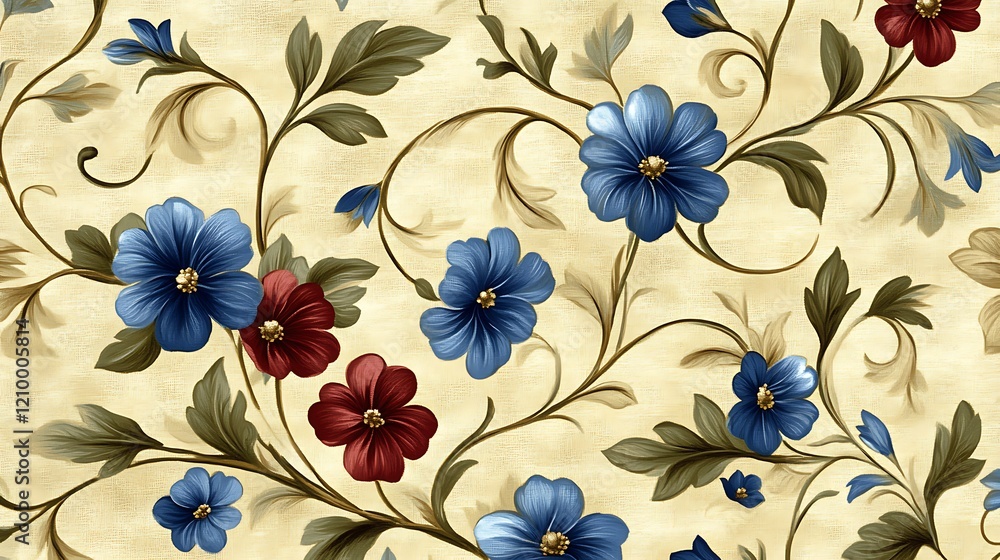Aufkleber Flourishing Floral Design: A seamless pattern of swirling vines adorned with delicate blue and red flowers. This design is perfect for adding a touch of elegance and sophistication to any project. 