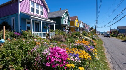 Colorful houses, flower garden, coastal street, sunny day, travel postcard
