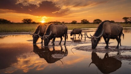 A serene sunset scene featuring wildebeests grazing by a waterbody.