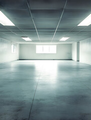 Obraz premium Vast Empty Industrial Room Interior with Harsh Fluorescent Lighting : Generative AI